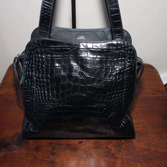 Vince Camuto Womens Black North South Tal Croc Embossed Leather Tote Bag Purse - Picture 2 of 12